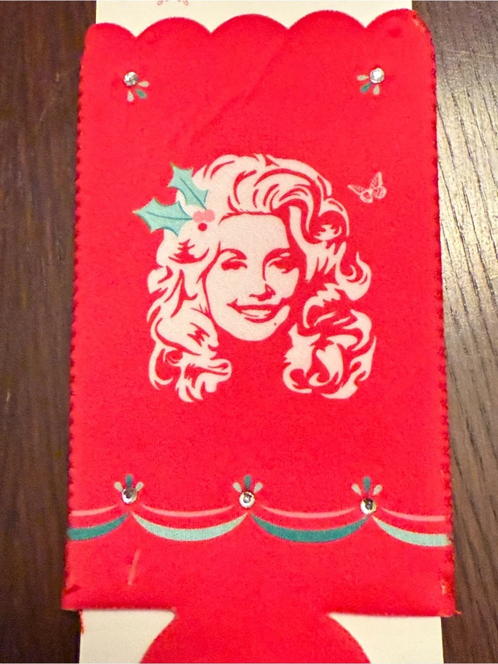 Dolly Parton Red Festive Can Cooler with Decorative Dolly Portrait